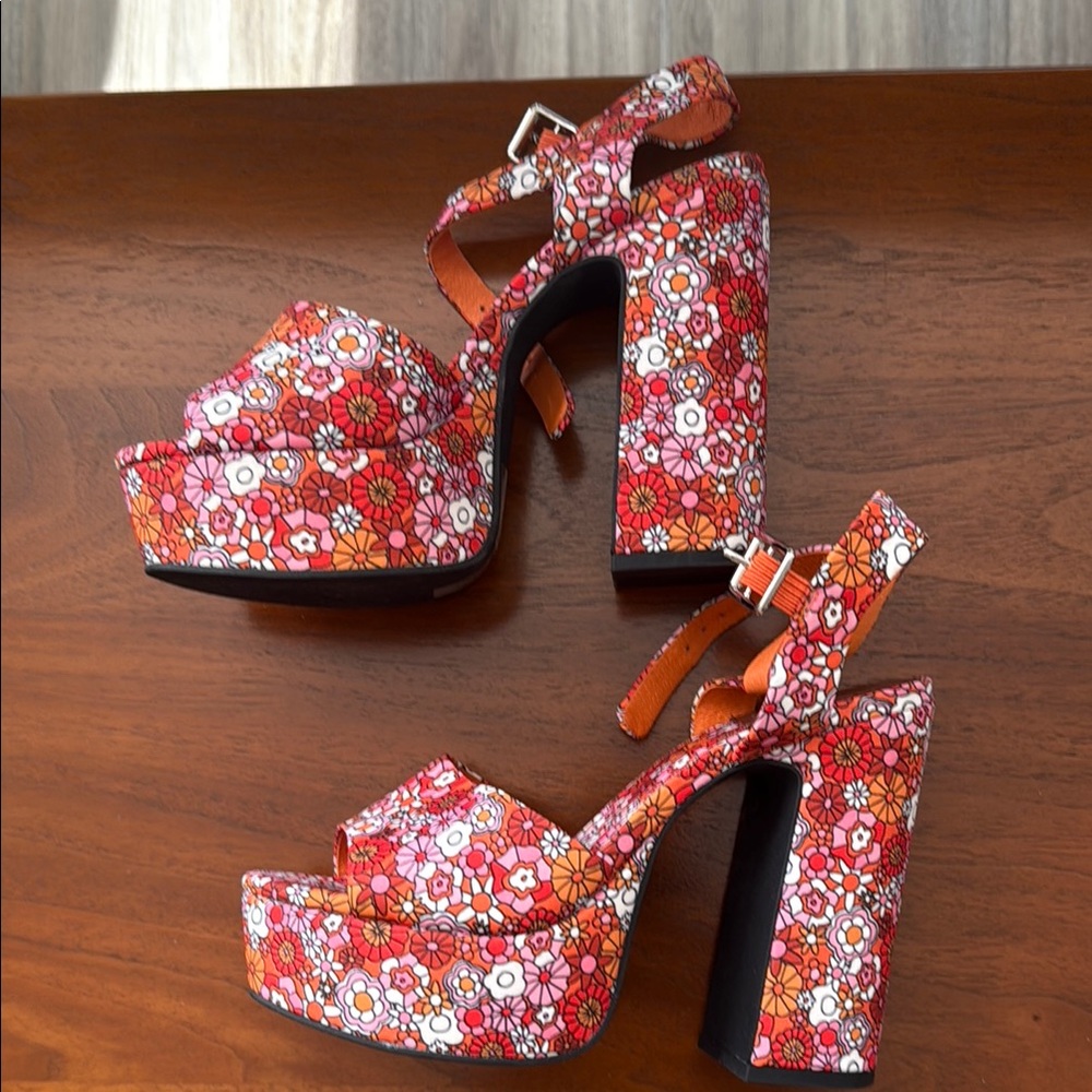 Jeffrey Campbell Red and White Platform Shoes with Ankle Strap